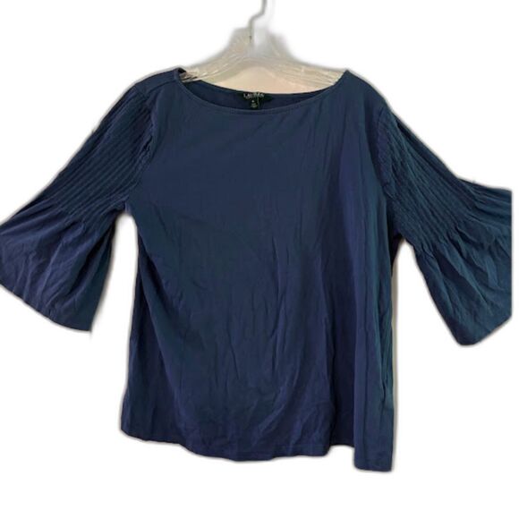Lauren Ralph Lauren Top M Blue Boatnck Pleated 3/4 Bell Sleeve Bohochic Classic* - Picture 1 of 5